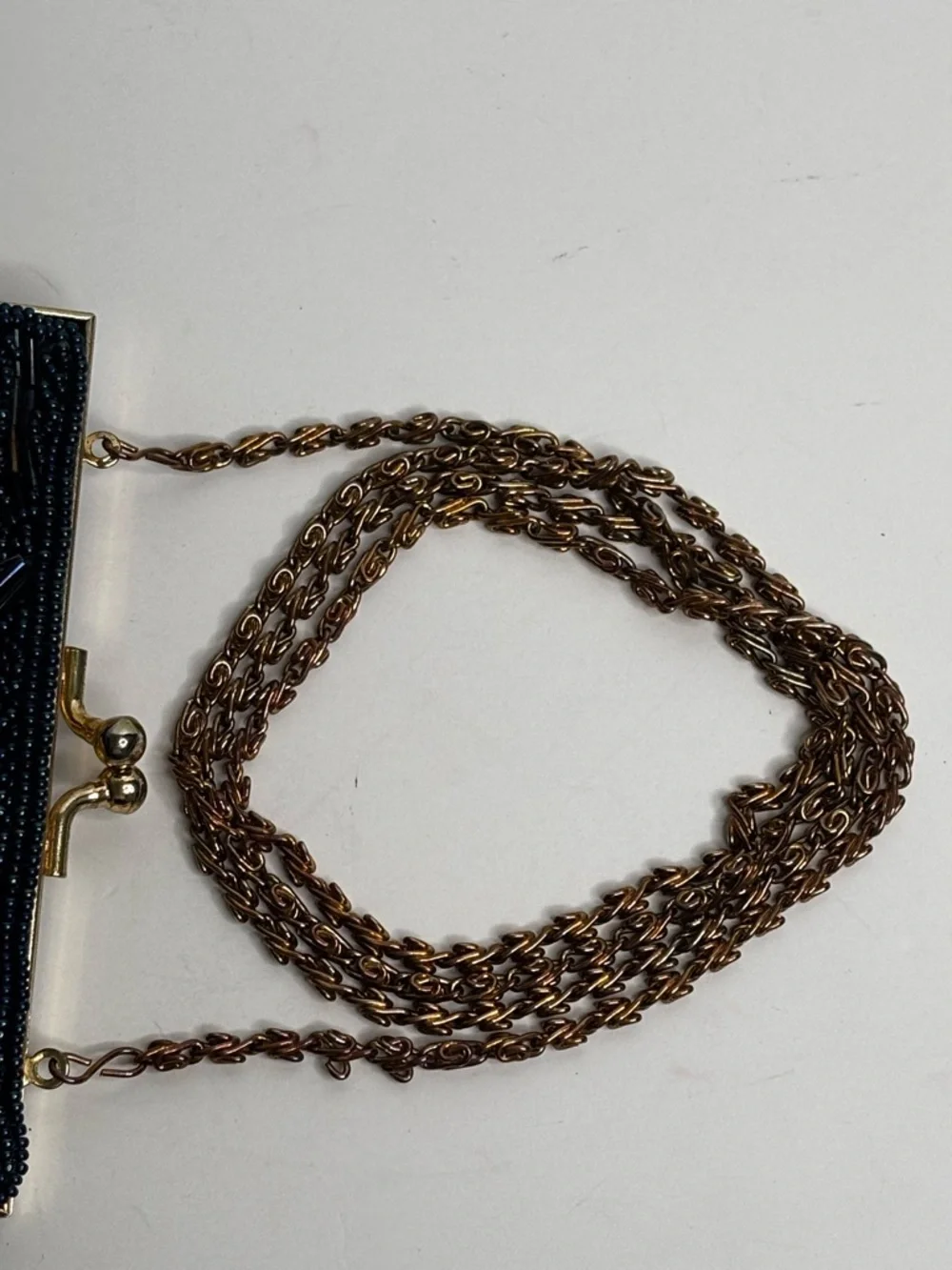 Vintage Evening Clutch Navy Blue Beaded Purse Kiss Lock Gold Chain Strap